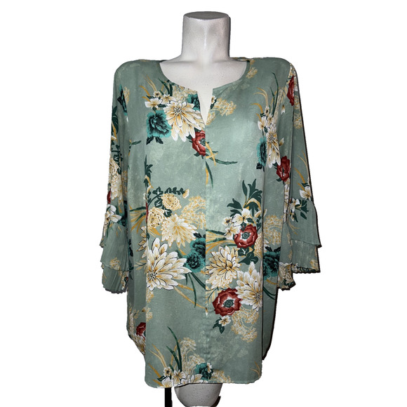 Violet & Claire Top Size 2X Green Floral Accordion Pleated Sleeves V-neck Tunic - Picture 1 of 10